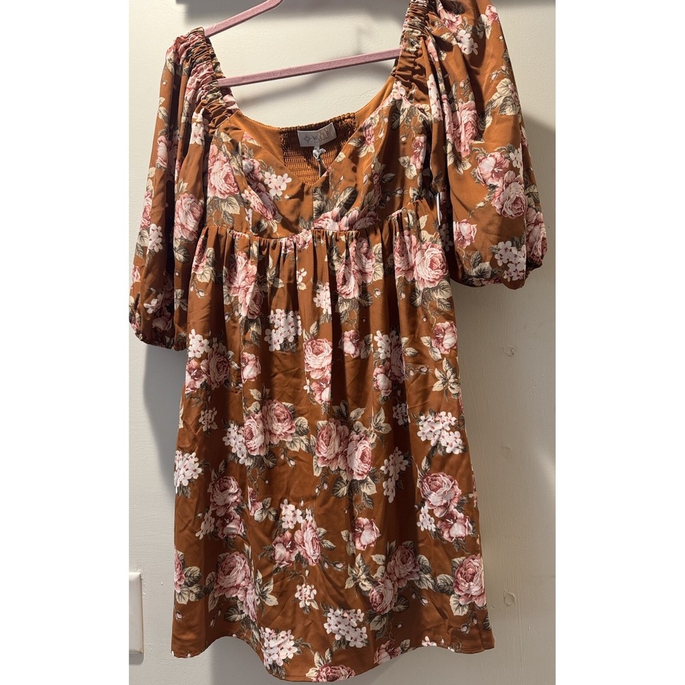 Wayf Womens Pecan Floral Peasant Baby Doll 3/4 Sleeve Mini Dress Sz Xs - Picture 1 of 13